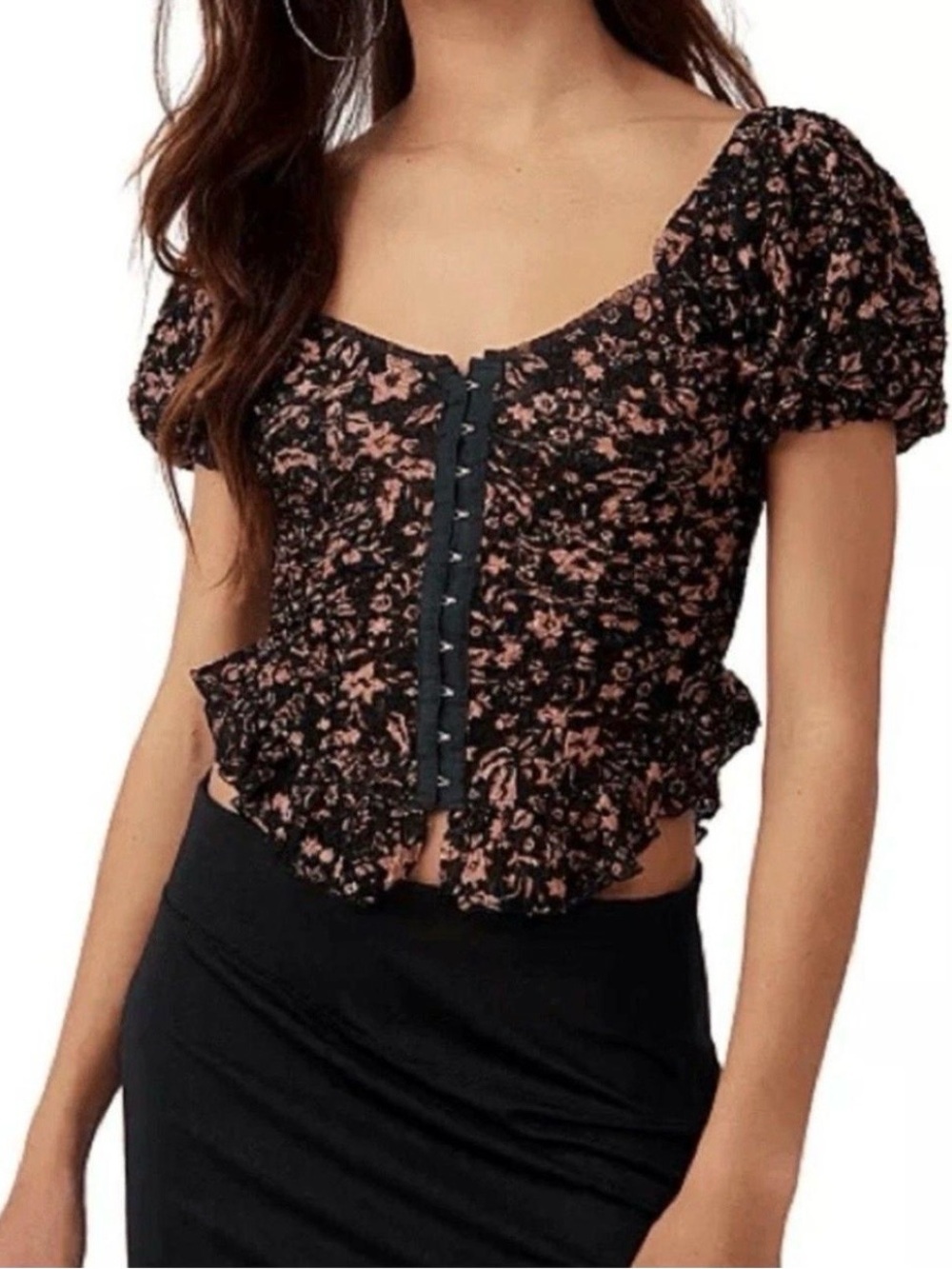 Free People Black Puff Sleeve Floral Lace-Trim Blouse oh baby corset medium - Picture 2 of 11